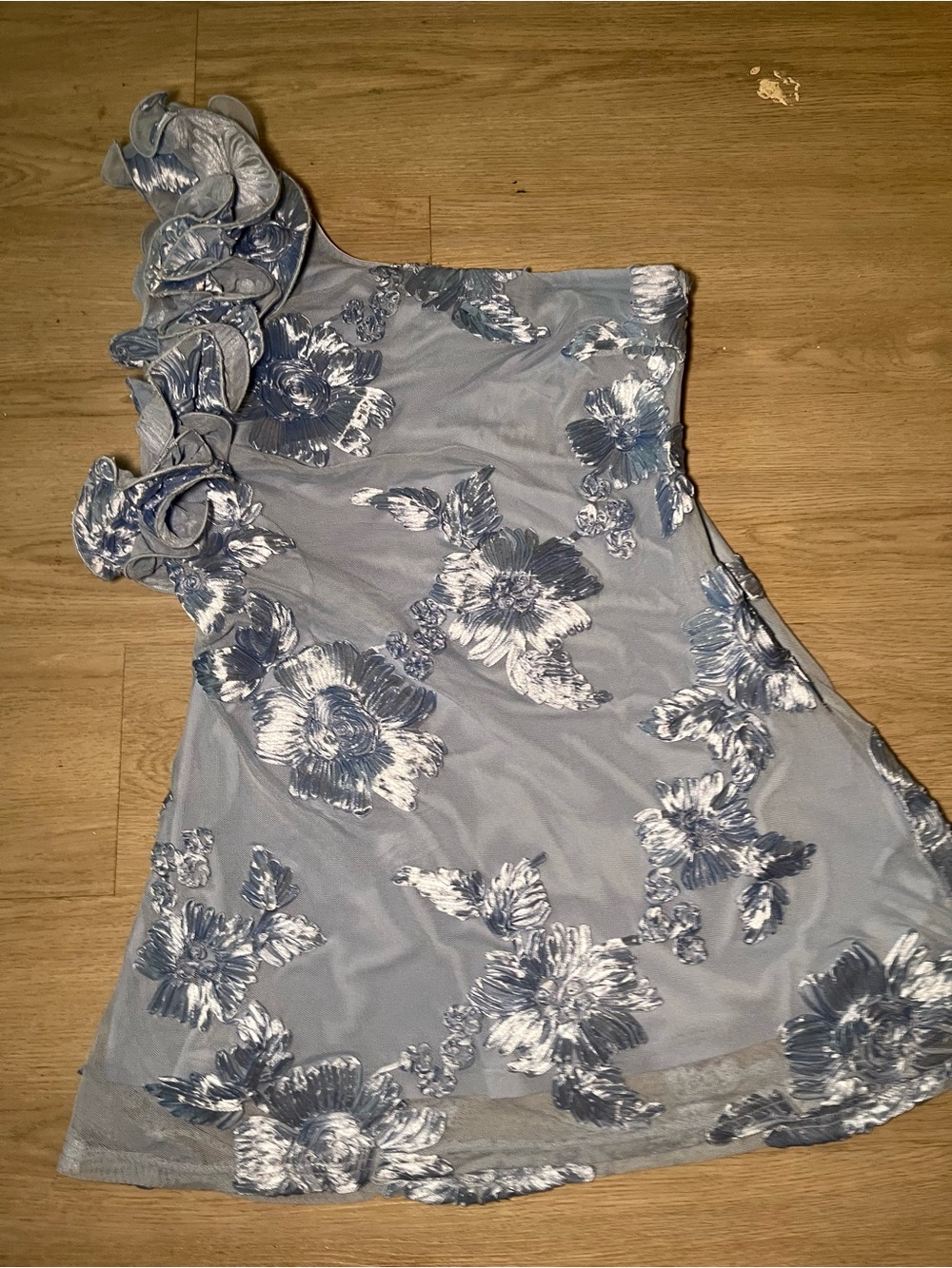 Hello Molly One-Shoulder Ruffle Floral Appliqué Dress and in Pastel Blue XL
